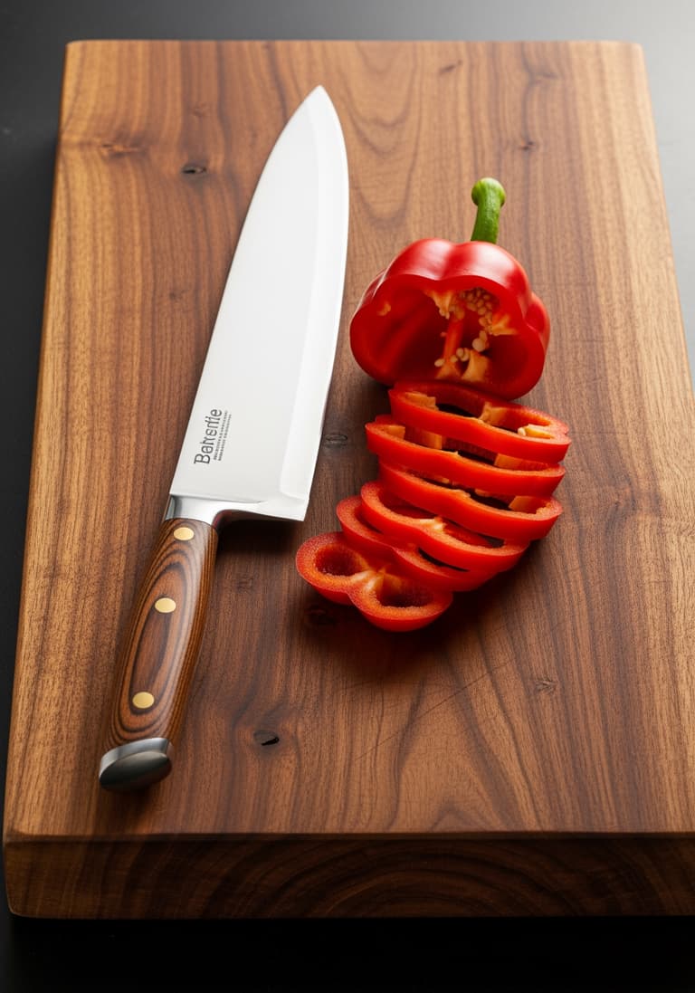 Un couteau d’office de haute qualité avec un manche en bois, posé sur une planche à découper à côté de tranches de poivron rouge.