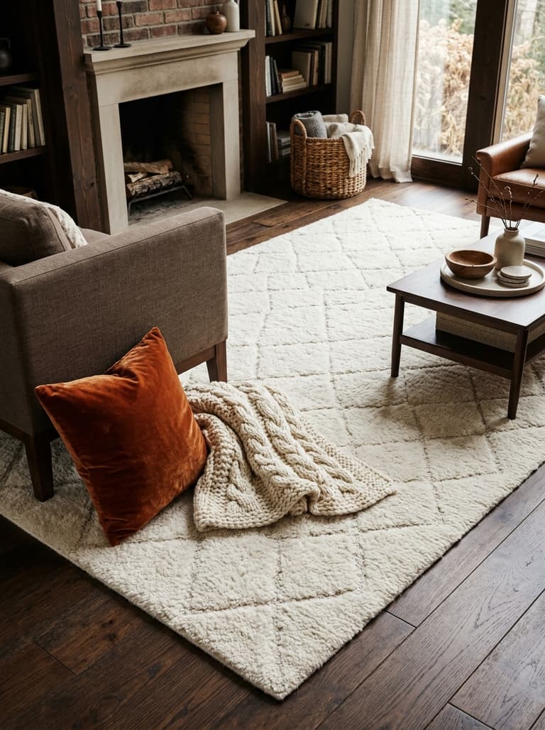 Un grand tapis de salon texturé sur lequel reposent un coussin en velours et un plaid en grosse maille, illustrant le pouvoir des textiles.