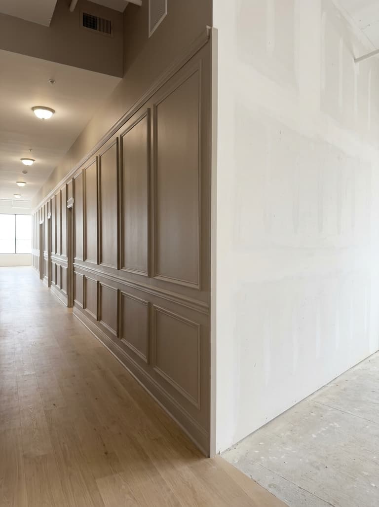 Un mur de couloir avec des moulures décoratives peintes en taupe, créant un effet de lambris chic et un trompe-l'œil mural.