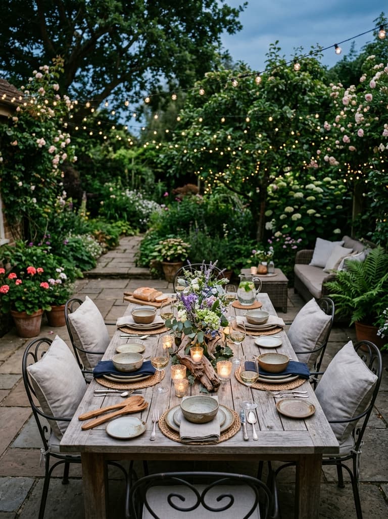 Une belle table d'été, entièrement dressée avec des décorations faites-main, dans l'ambiance douce du crépuscule.
