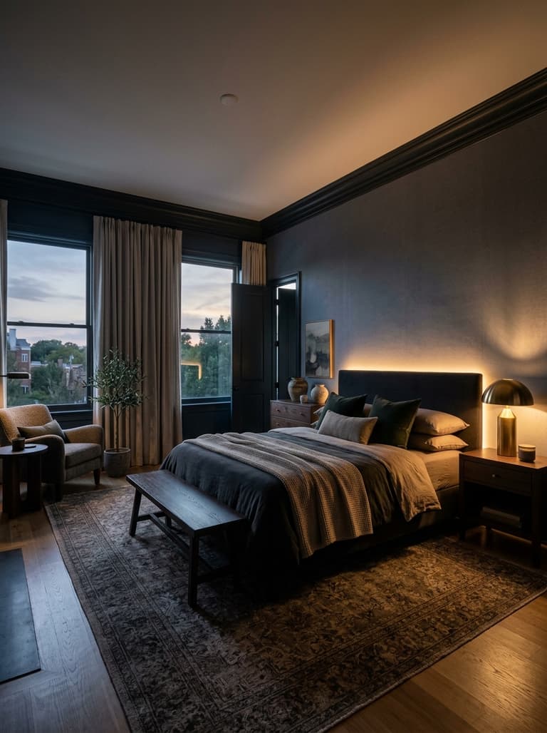 Une chambre à la pénombre, sculptée par un éclairage indirect et d'ambiance provenant d'une lampe de chevet et d'une source cachée.