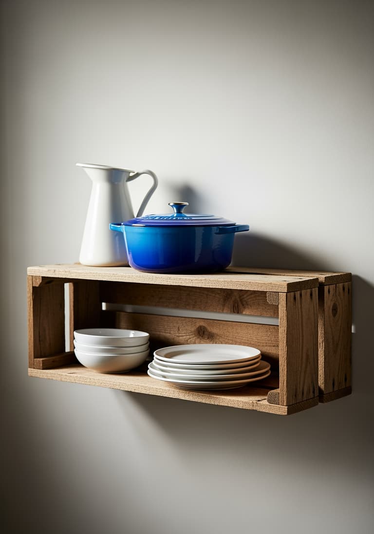 Une cocotte en fonte émaillée bleue et de la vaisselle en céramique sur une étagère, symbolisant une cuisine durable.