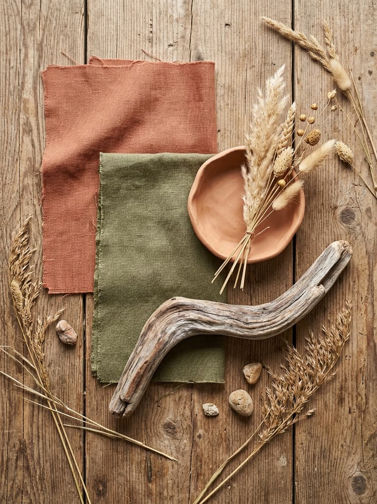Une collection de matériaux de décoration tendance pour l'été 2026 : lin, bois flotté, argile et fleurs séchées.