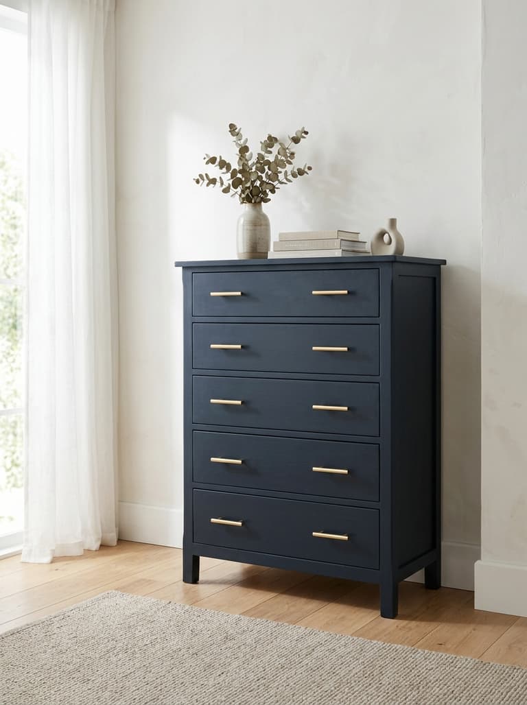Une commode sombre rehaussée par de nouvelles poignées minimalistes en laiton brossé, démontrant l'impact des détails de quincaillerie.