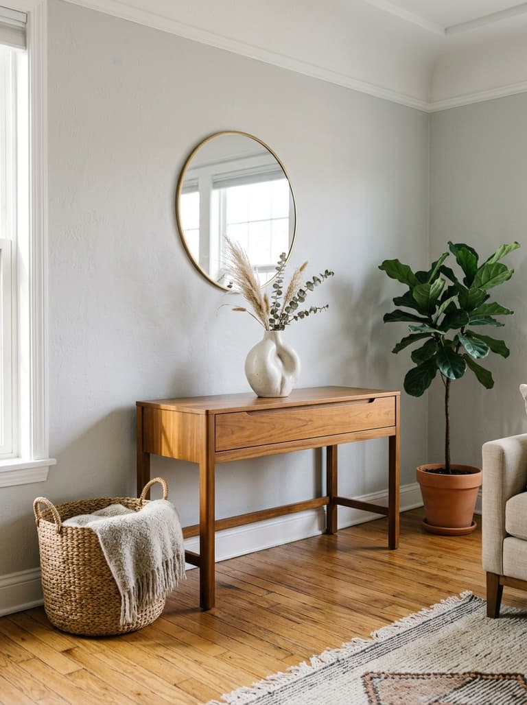 Une console en bois vintage sur laquelle est posé un vase en céramique sculpturale, représentant le chic de la seconde main.