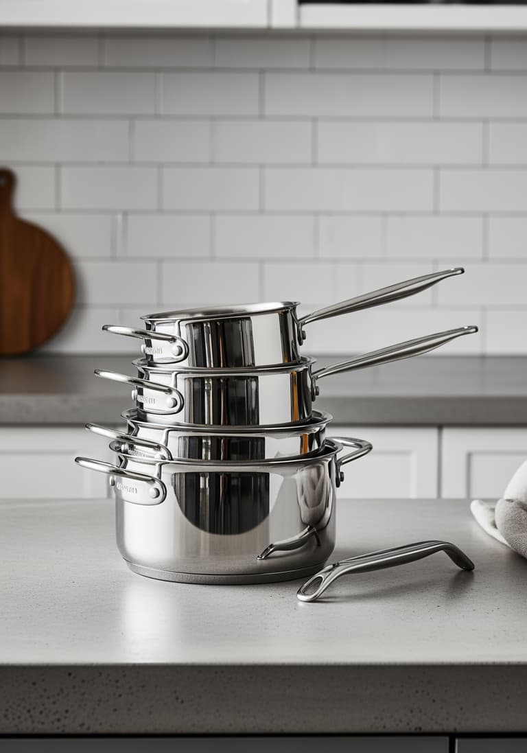 Une pile de casseroles en inox empilables avec une poignée amovible à côté, illustrant le gain de place pour la cuisson.