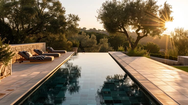 iscine extérieure avec volet de sécurité automatique fermé dans un jardin méditerranéen avec terrasse en pierre et oliviers au coucher du soleil