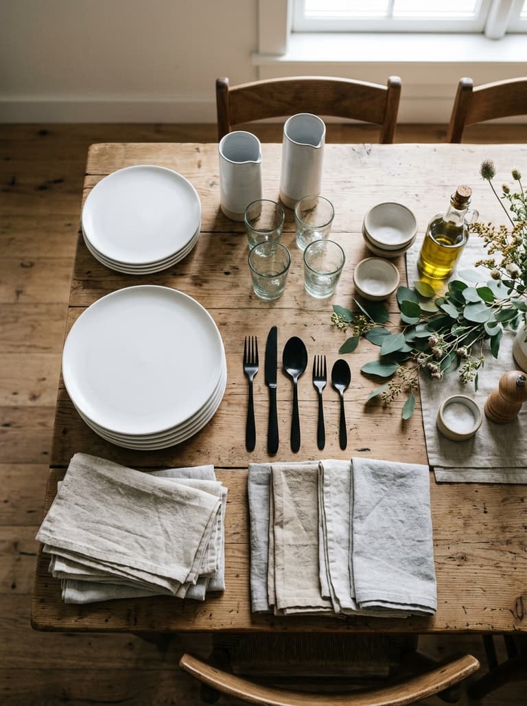 Vue de dessus d'une table en cours de dressage, montrant l'agencement harmonieux d'assiettes, de couverts et de serviettes.