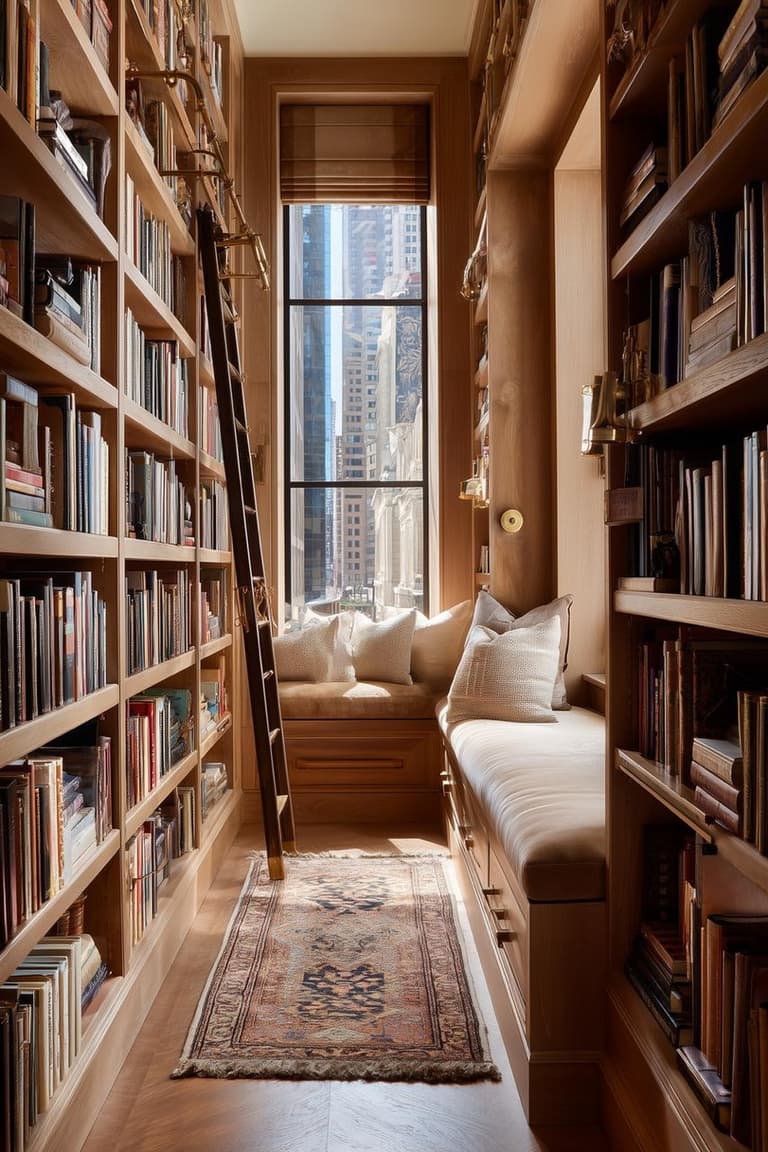 Couloir bibliothèque en bois avec étagères remplies de livres, échelle, banquette de lecture, coussins et tapis vintage.