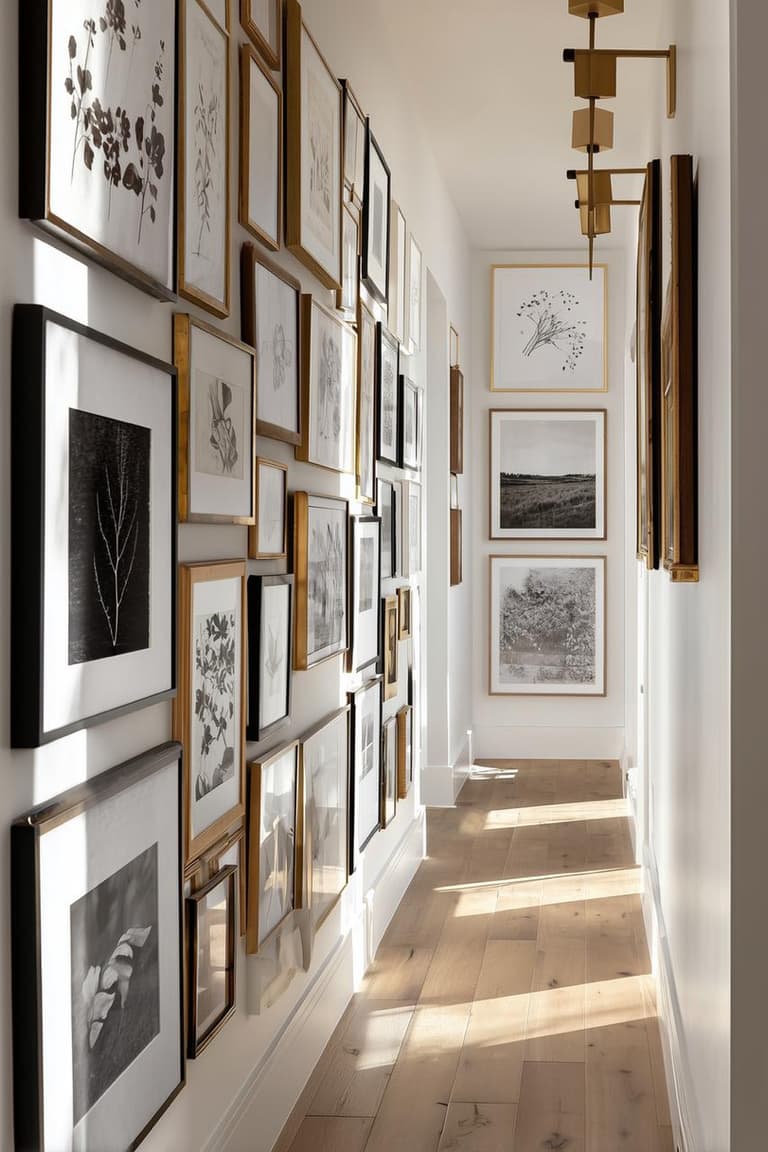 Couloir clair avec parquet en bois, murs blancs et grande galerie murale de cadres noirs et bois présentant dessins et photos.