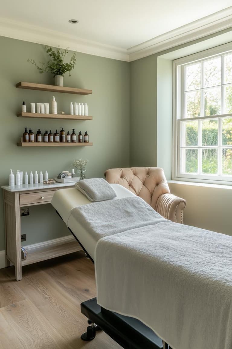 salon de beauté à domicile avec table de soin blanche, murs vert sauge, étagères de produits et fauteuil capitonné près d’une fenêtre
