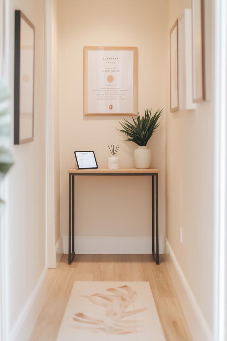 coin accueil beige avec console en bois, tablette de réservation, diffuseur à bâtonnets et plante verte