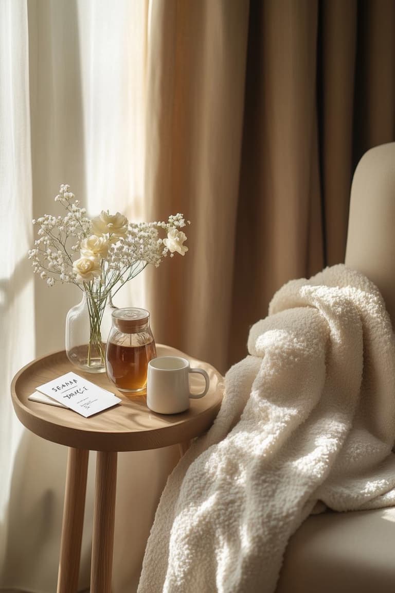 coin détente lumineux avec fauteuil crème, plaid bouclé, table ronde en bois, bouquet de roses et tasse blanche près de voilages