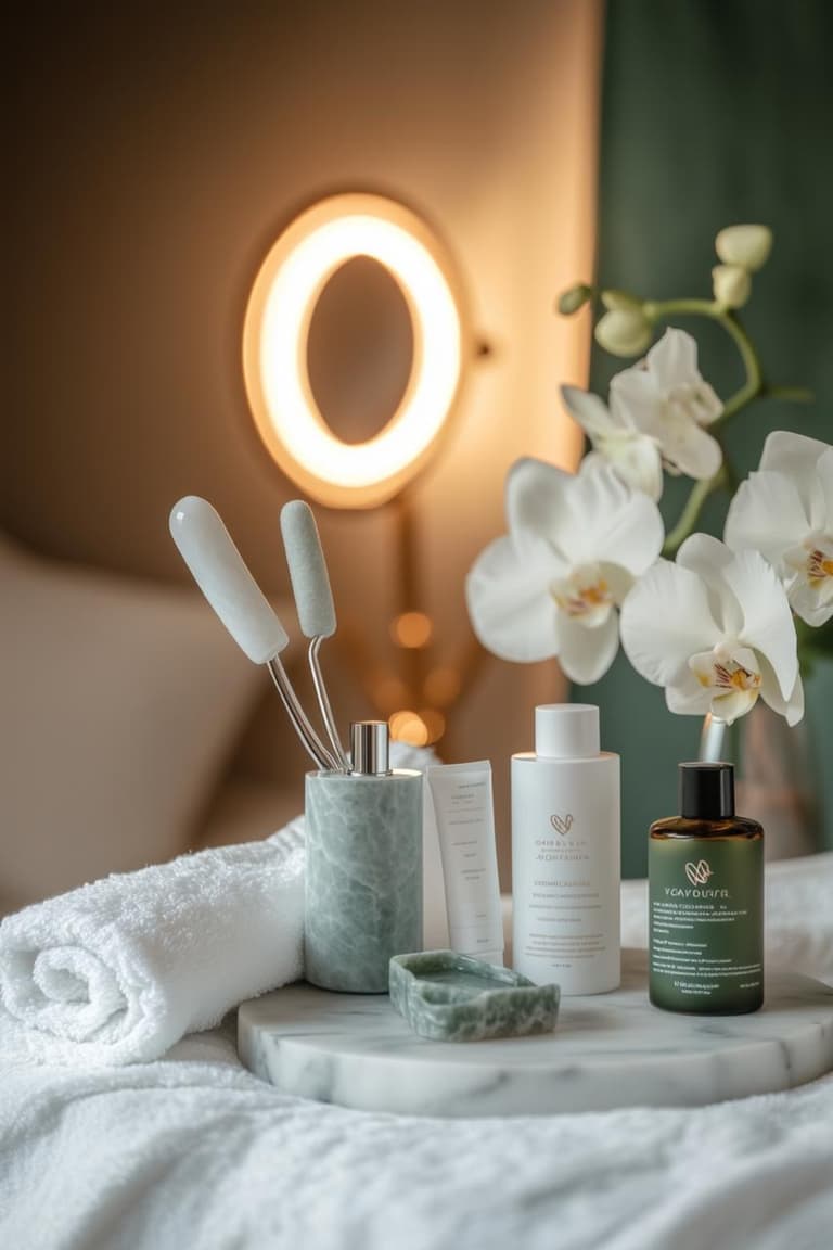 produits de soin disposés sur un plateau en marbre avec serviette blanche, orchidée et lumière douce de spa