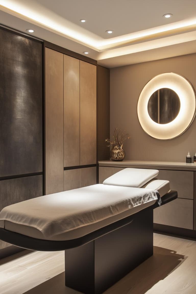 cabine de soin contemporaine avec table de massage blanche, panneaux muraux taupe et miroir rond lumineux