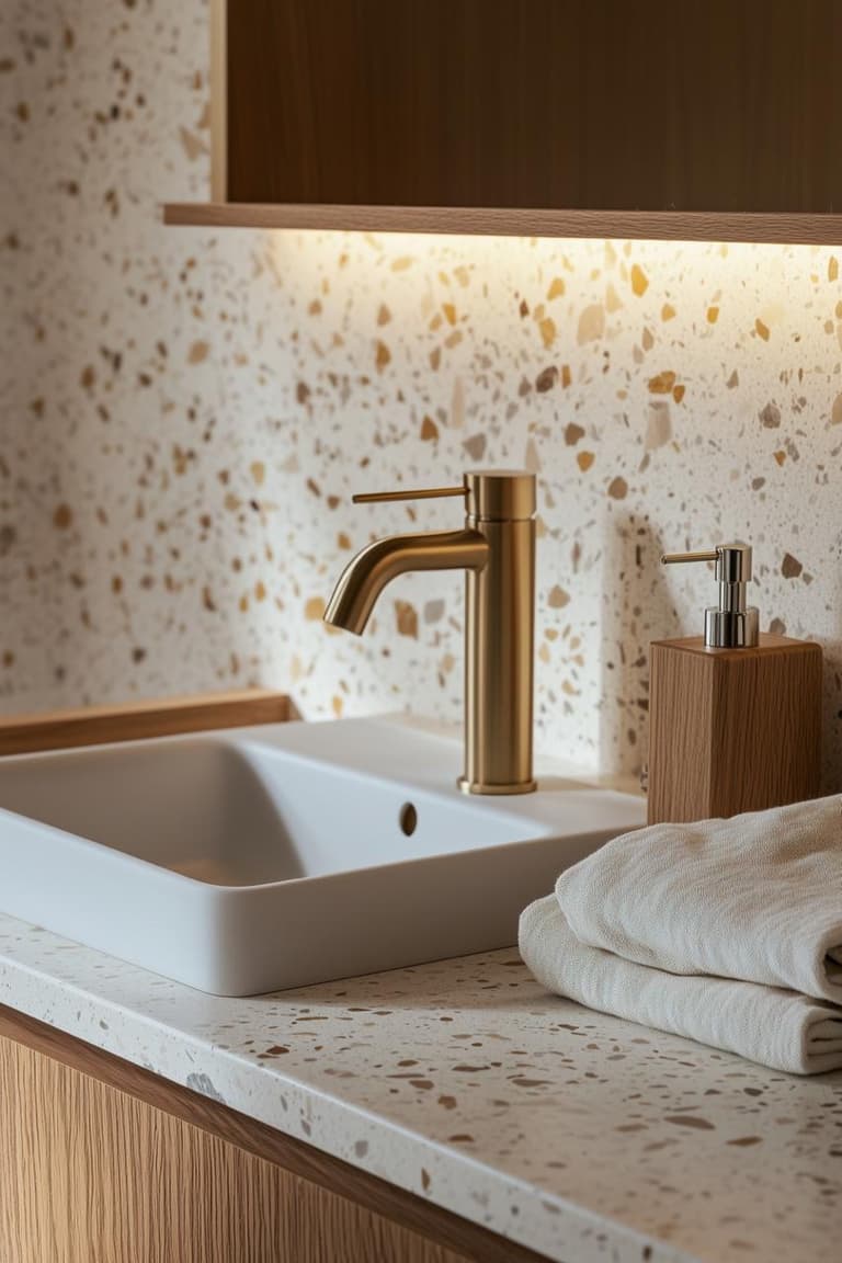vasque blanche sur plan de travail terrazzo avec robinetterie laiton, savon et serviettes pliées dans une ambiance spa