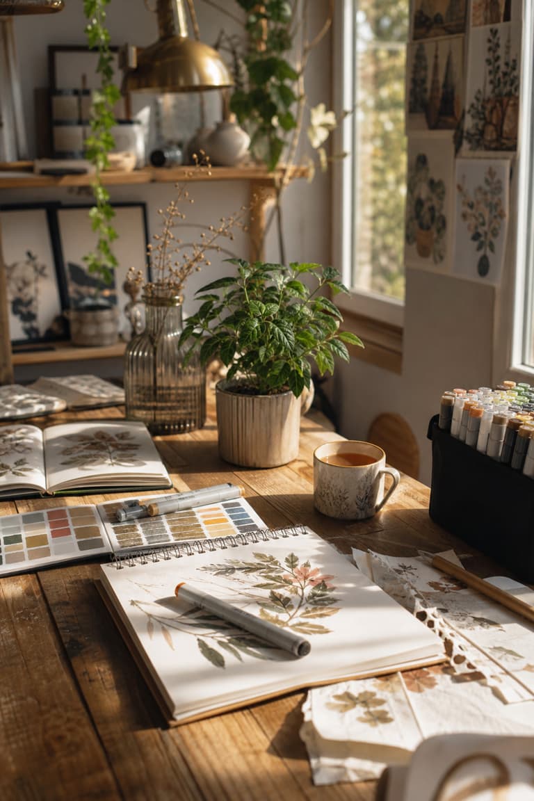 Bureau de création avec illustrations au feutre à alcool en cours, carnets de croquis, palette de couleurs et plante verte, lumière d’après-midi chaleureuse