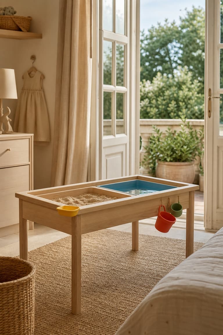 bac à sable sur pied en bois avec accessoires colorés dans une chambre d’enfant ouverte sur le jardin