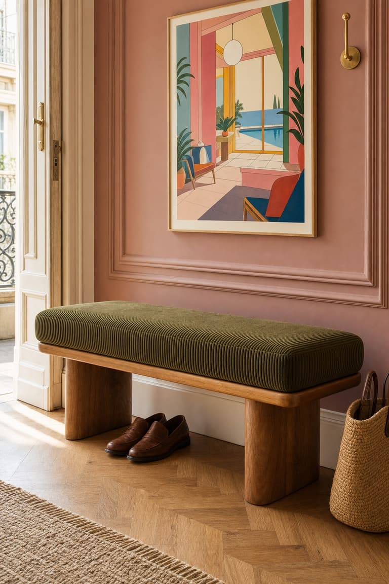 Banc AMBRE en teck massif avec coussin en velours côtelé vert dans une entrée haussmannienne aux murs vieux rose