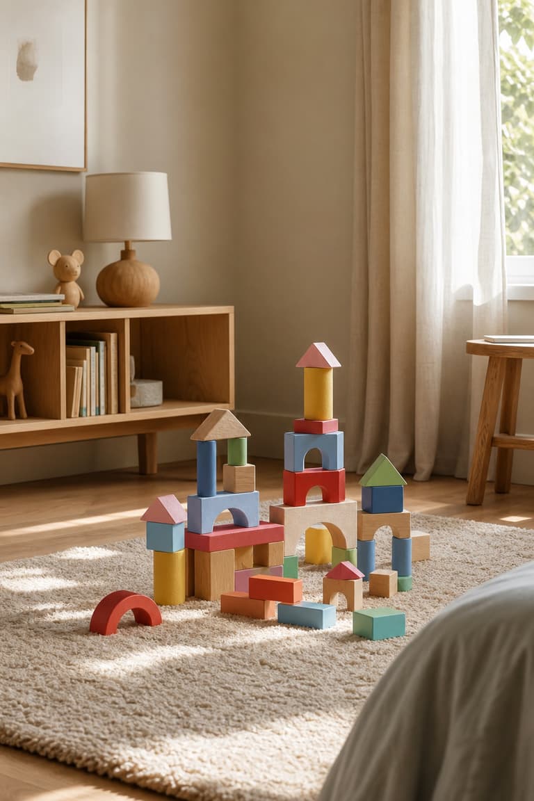 blocs de construction en bois coloré assemblés en tours et arches sur un tapis beige