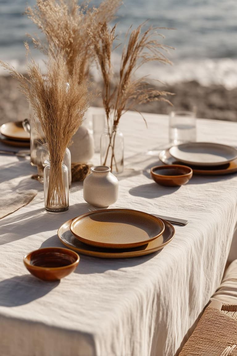Belle table d’été en bord de mer avec nappe en lin, vaisselle en céramique brune et grands bouquets d’herbes séchées.