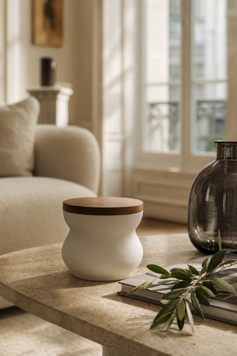 Bougie design blanche sur table en travertin avec vase fumé et branche verte