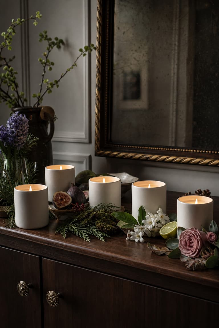 Bougies blanches inspirées des cinq saisons avec fleurs, figues, mousse et eucalyptus