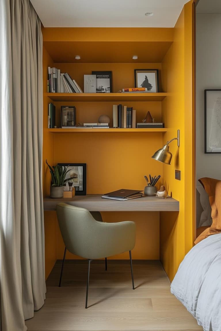 bureau étroit aménagé dans une alcôve jaune moutarde avec étagères intégrées, applique en laiton, chaise vert olive et lit à côté