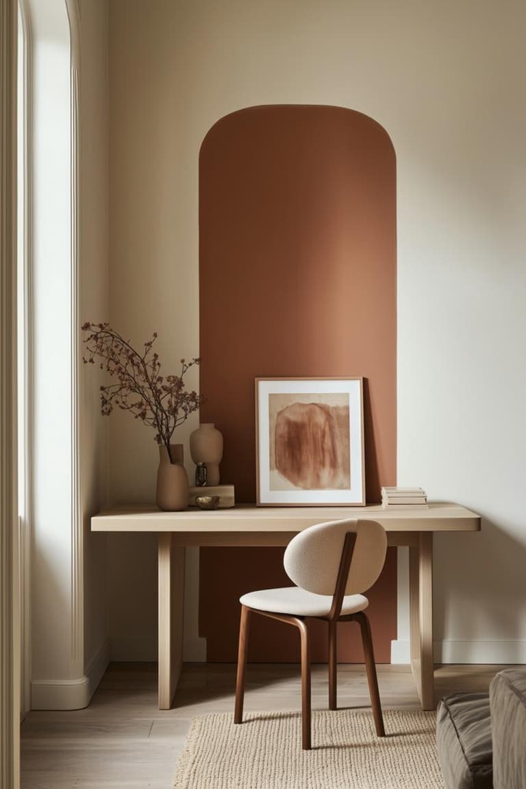 bureau étroit en bois clair devant une arche terracotta peinte, avec chaise beige, vases en céramique et lumière naturelle