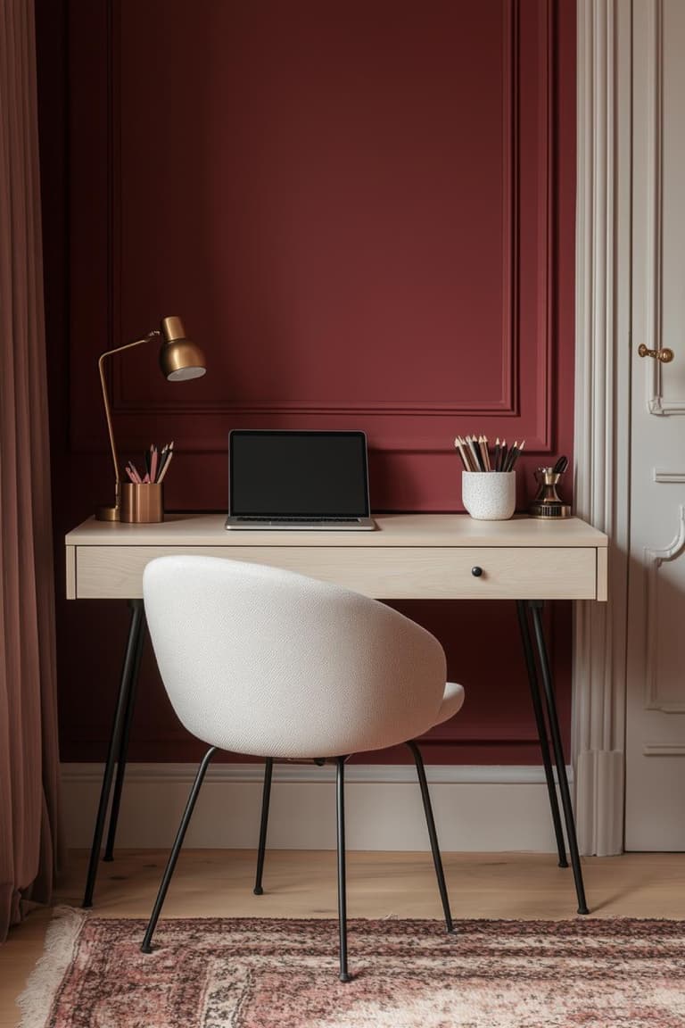 bureau étroit en bois clair avec pieds fins noirs, chaise bouclette crème et mur bordeaux à moulures