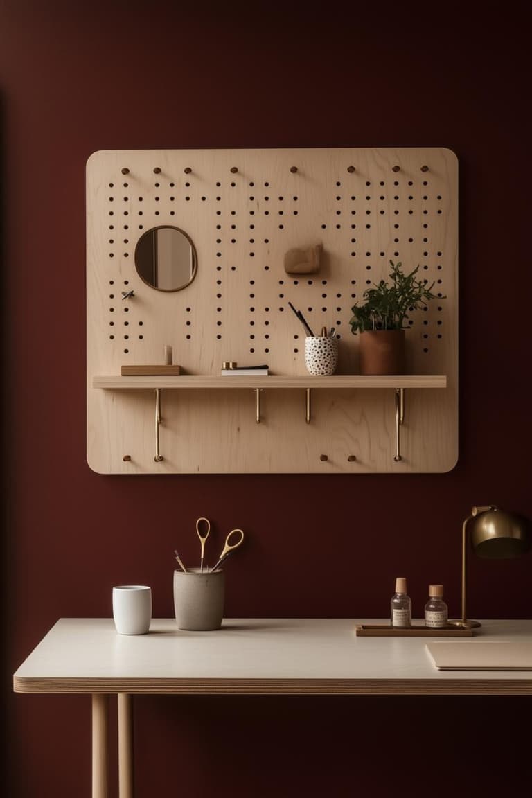 coin bureau étroit avec panneau perforé en bois clair, rangements suspendus, lampe en laiton et mur bordeaux