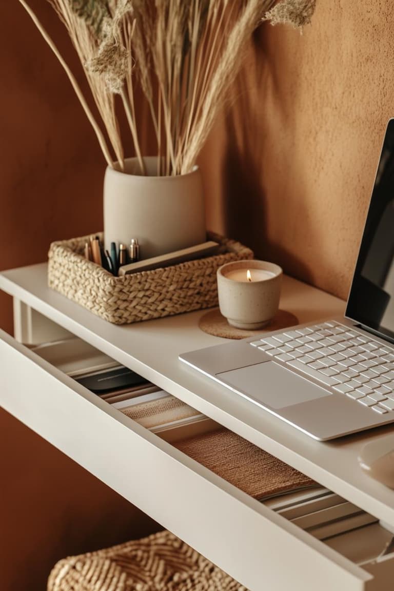 bureau étroit blanc avec tiroir ouvert, ordinateur portable, bougie, panier tressé et accessoires de bureau sur mur terracotta