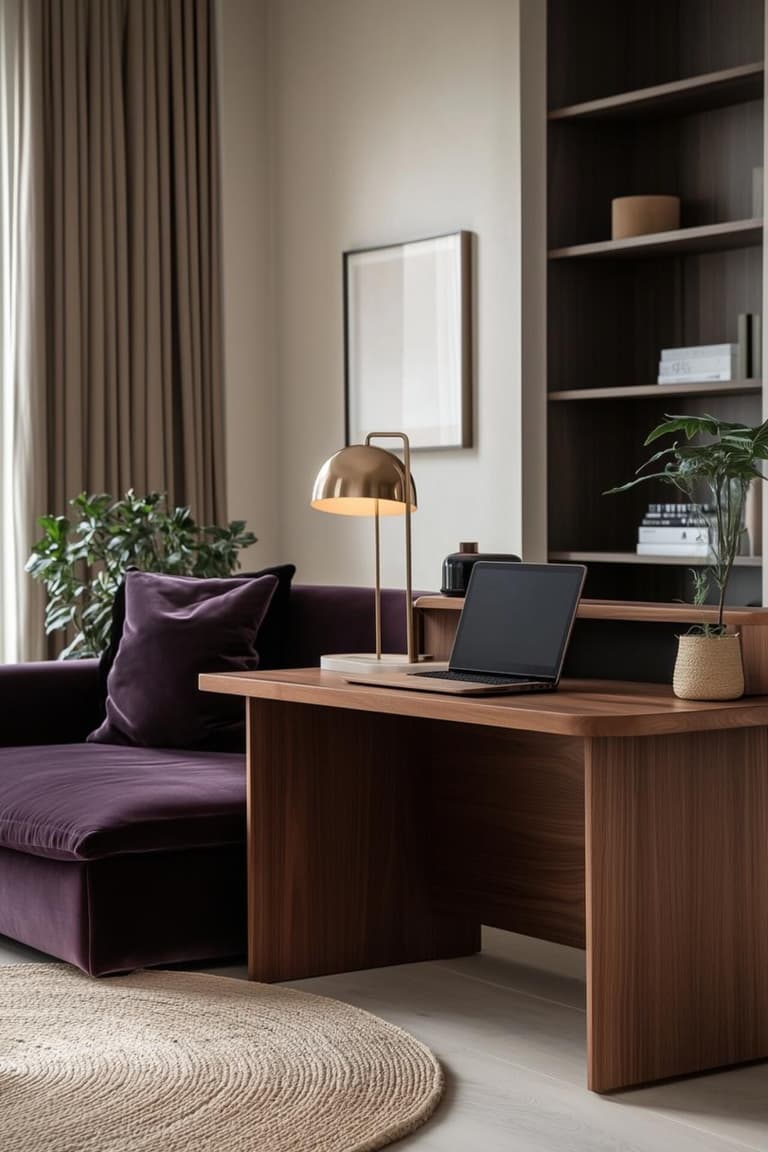 bureau étroit en bois noyer intégré dans un salon avec lampe laiton, plantes vertes, étagères murales et canapé prune