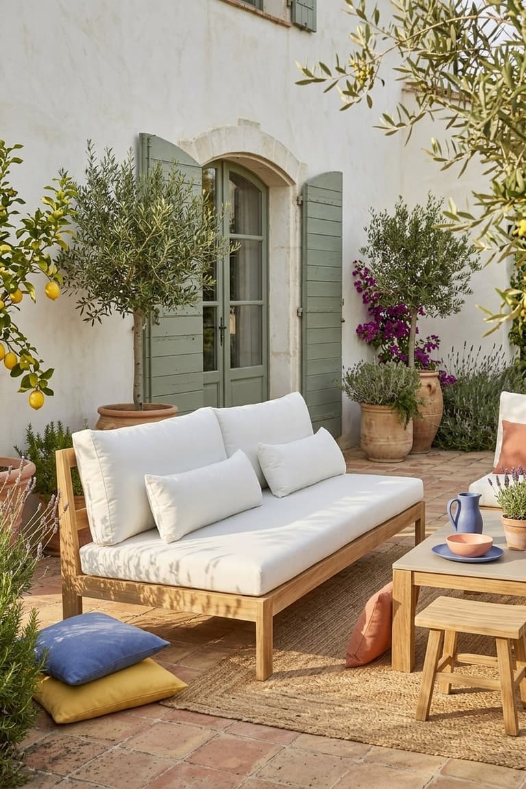Canapé de jardin PALMA blanc en teck massif sur une terrasse de mas provençal avec oliviers, citronnier et sol en terre cuite