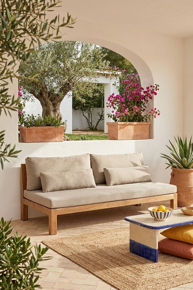 Canapé de jardin PALMA taupe en teck massif sur une terrasse méditerranéenne avec coussins colorés et végétation