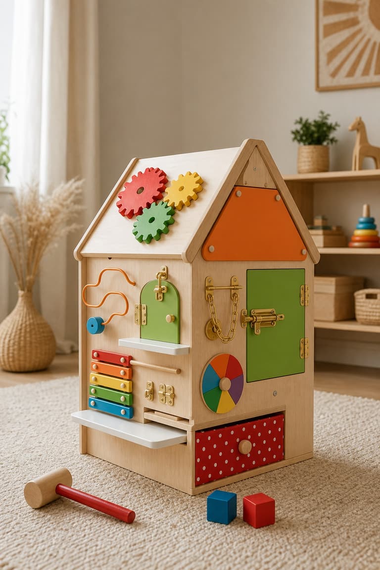 centre multi-activités en bois en forme de maison avec engrenages, xylophone et portes colorées