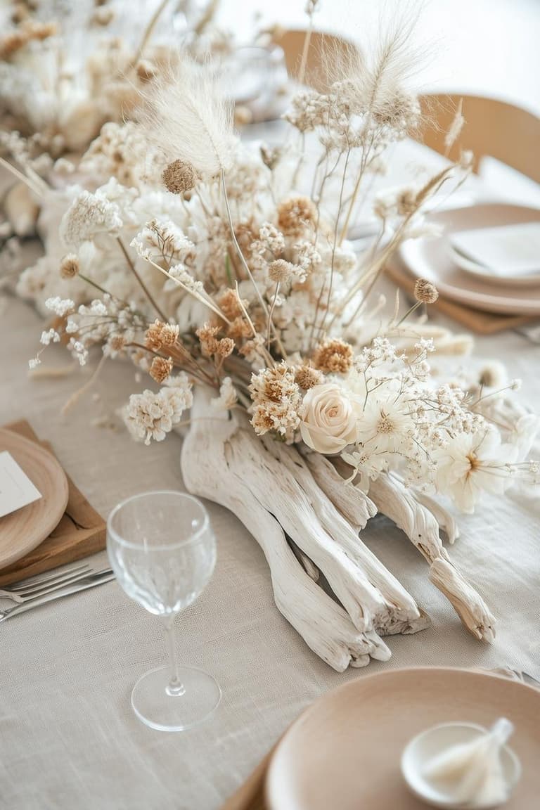 Centre de table d’été DIY avec bois flotté, fleurs séchées et décoration naturelle posée sur une table lumineuse.