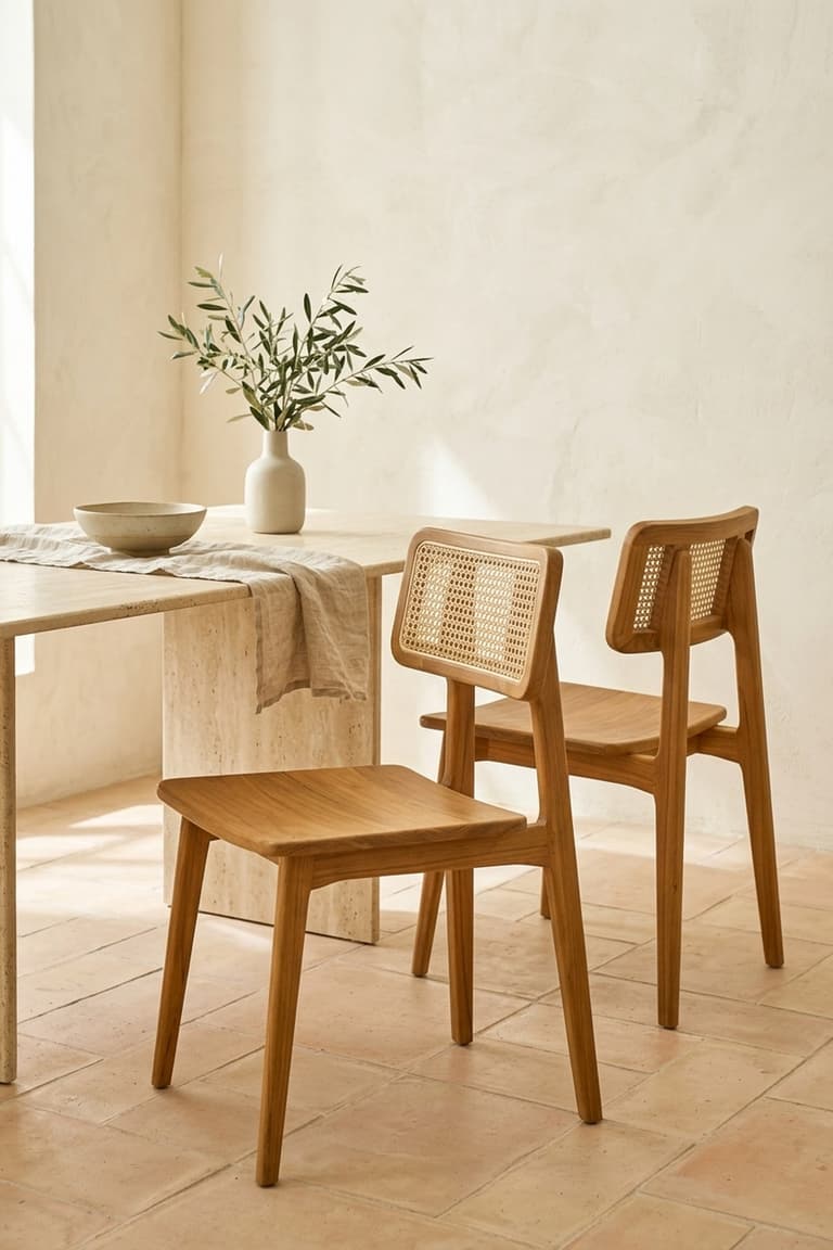 Deux chaises SIXTINE en teck massif clair avec dossier en cannage rectangulaire, assise pleine en bois et pieds compas près d’une table en pierre
