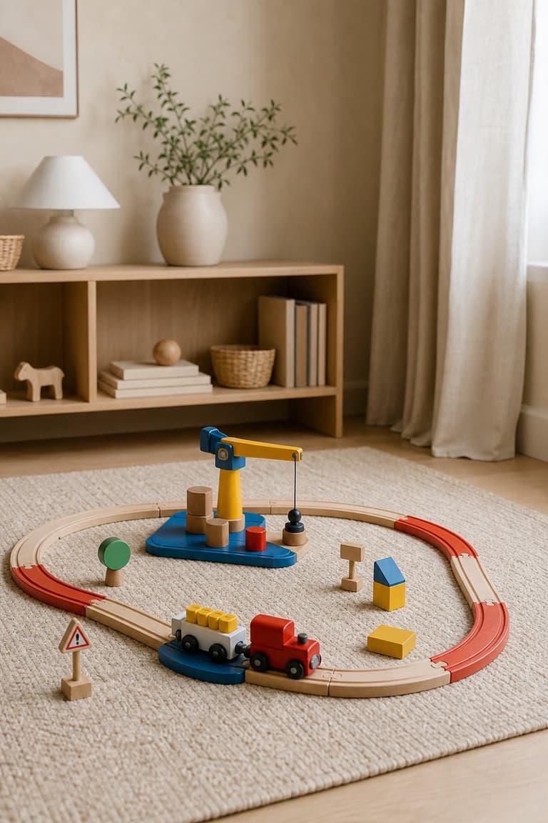 circuit de train en bois avec rails, locomotive et grue colorée dans une chambre d’enfant