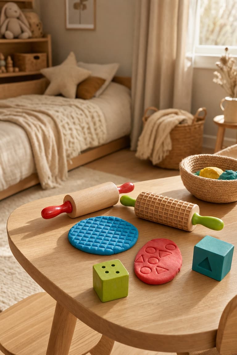 coffret de pâte à modeler colorée avec accessoires en bois sur une table d’enfant