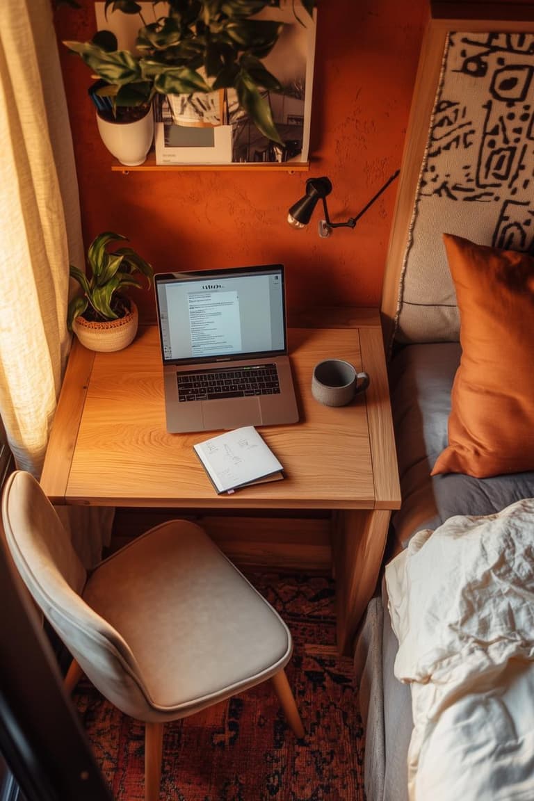 coin bureau étroit en bois clair dans une chambre terracotta avec ordinateur portable, plantes et lampe murale noire
