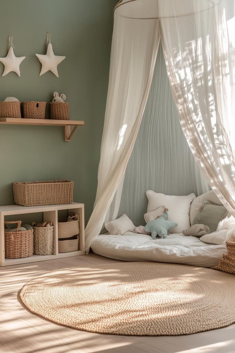 Coin jeu doux dans une chambre d’enfant avec mur vert sauge, ciel de lit blanc, matelas de sol, coussins clairs, paniers en osier et tapis rond en fibres naturelles.