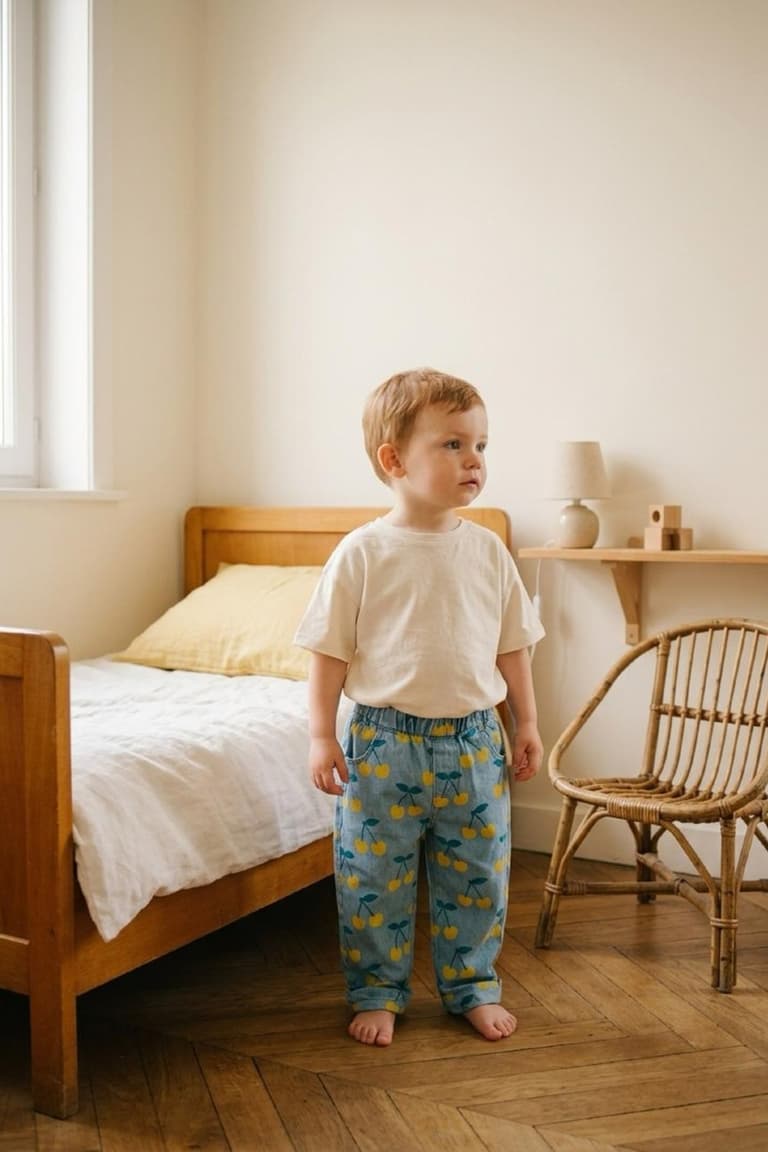 Jeune enfant debout dans une chambre douce avec lit en bois, parquet à chevrons et chaise en rotin, un exemple de coin jeu sécurisé et apaisant.