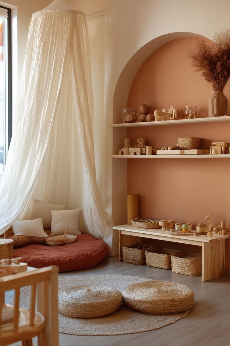 Coin jeu sécurisé dans une chambre d’enfant avec ciel de lit blanc, coussins de sol terracotta, tapis rond en fibres naturelles, banc bas en bois et paniers de rangement tressés.