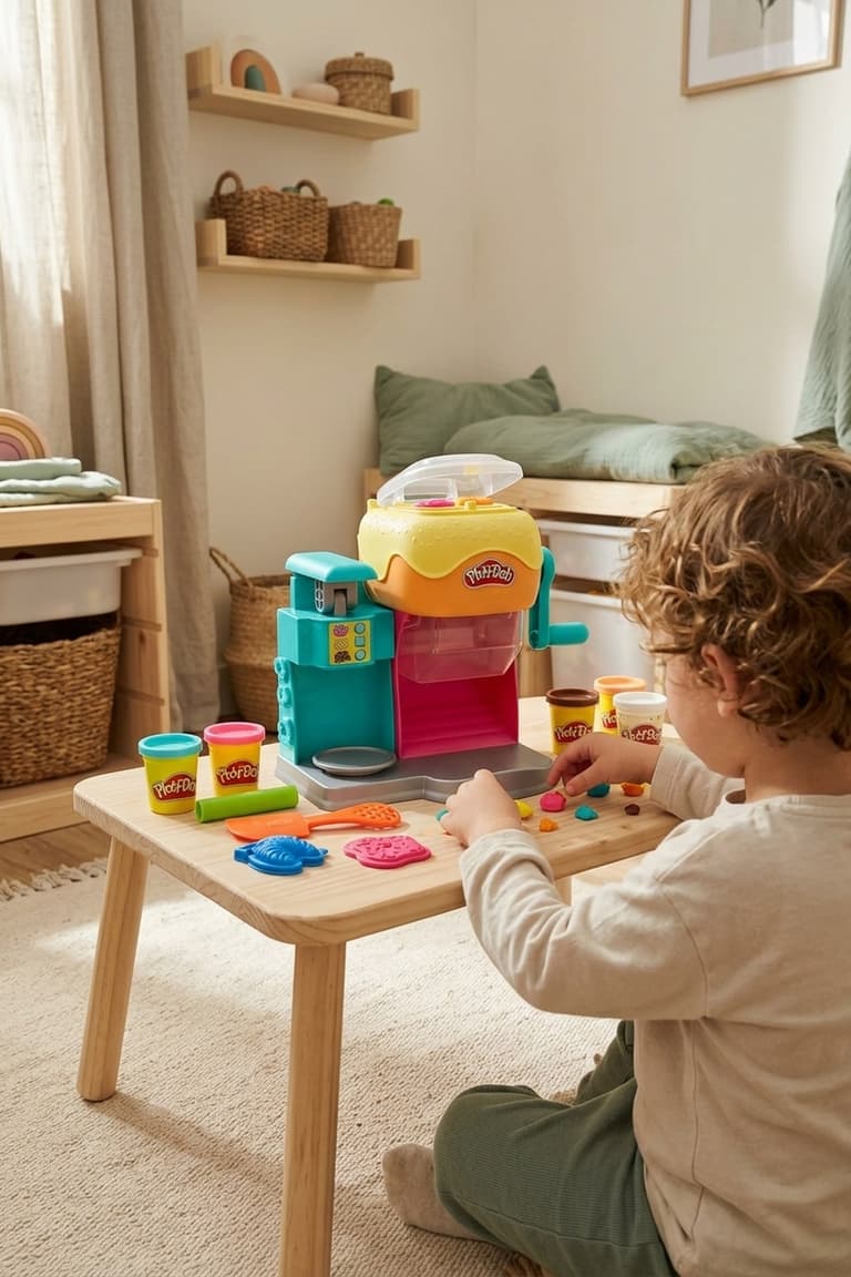 Enfant d’environ 3 ans vu de dos, aux cheveux blond foncé bouclés, jouant avec un coffret Play-Doh beignets sur une petite table en bois dans un coin jeu sécurisé et lumineux.