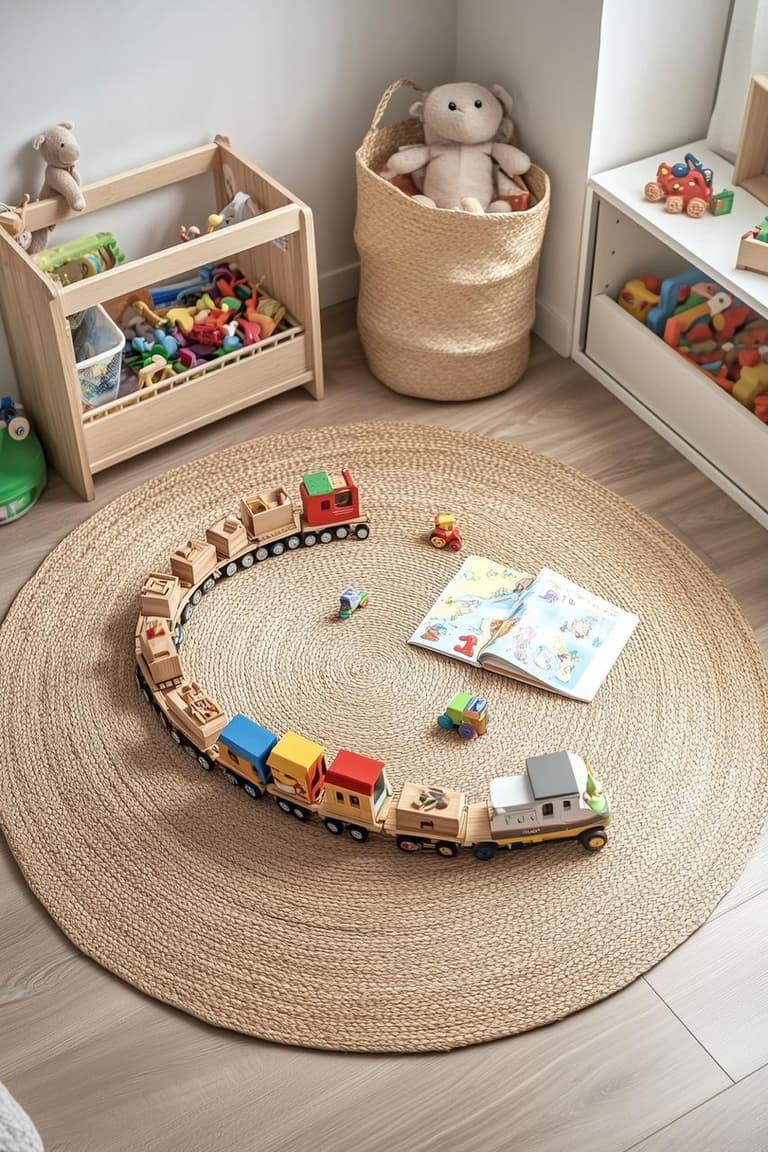 Tapis rond en jute délimitant un coin jeu sécurisé dans une chambre d’enfant, avec petit train en bois, livre ouvert, panier à peluches et rangements bas accessibles.