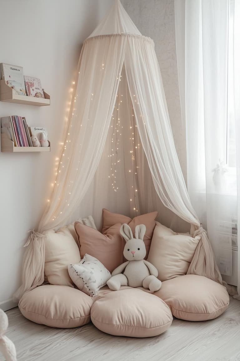 Coin lecture enfant avec ciel de lit blanc, guirlande lumineuse chaude, coussins de sol rose poudré, peluche lapin, étagères murales en bois et lumière douce près de la fenêtre.