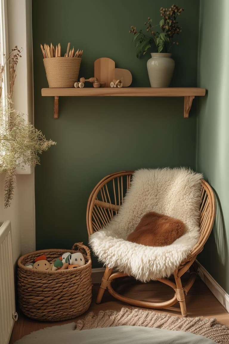 Coin lecture enfant dans un angle vert profond avec fauteuil en rotin, plaid en fausse fourrure, panier tressé rempli de jouets et étagère murale en bois.
