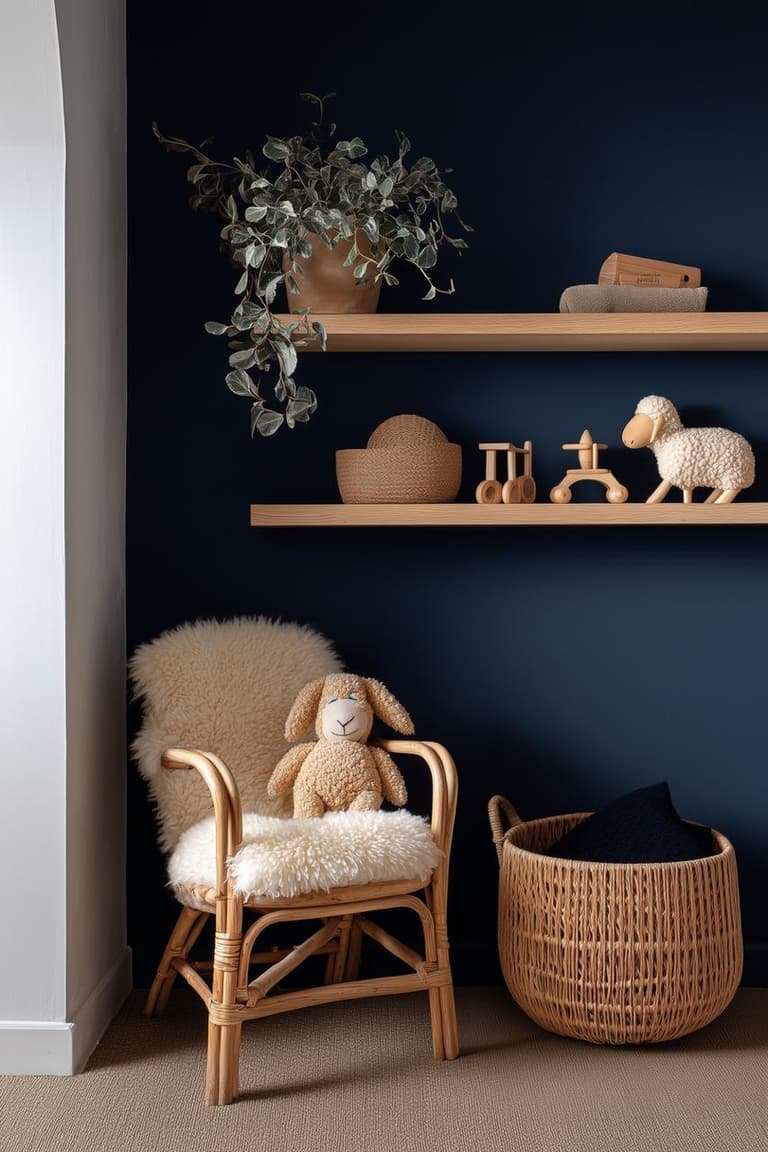 Coin lecture enfant devant un mur bleu nuit avec fauteuil en rotin, peau lainée, panier en osier, étagères en bois clair et petits jouets en bois décoratifs.