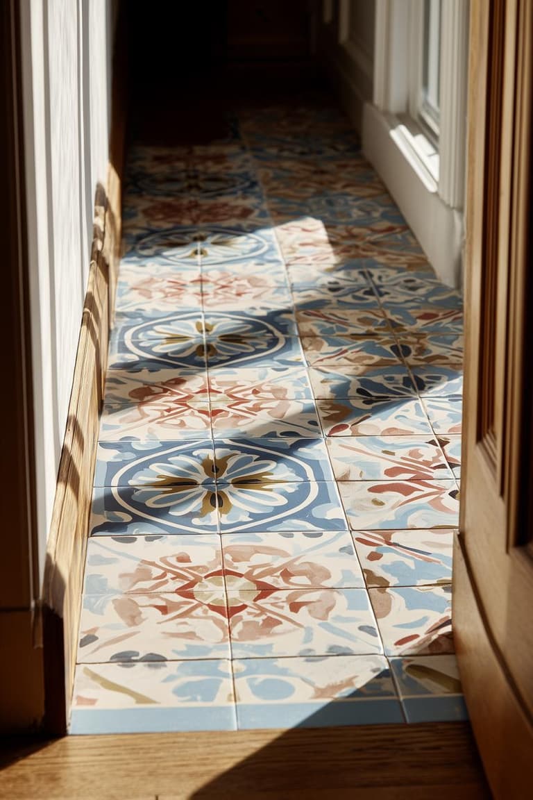 Sol de couloir en carreaux de ciment à motifs bleus, crème et terracotta, éclairé par une lumière naturelle rasante.